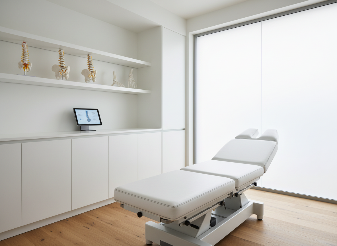 A minimalist, high-end treatment room designed for chiropractic and podiatry care, featuring a modern adjustable examination table with crisp white upholstery and subtle gray stitching, centered on a light oak floor. Along one wall, sleek built-in cabinetry holds neatly arranged anatomical models of the spine and foot, plus a digital tablet displaying a clean spine diagram. Soft, diffused daylight enters through a large frosted window, casting gentle, even illumination and barely-there shadows. The atmosphere feels clinical yet welcoming, with a calm, professional mood. Captured at eye level with photographic realism and sharp focus throughout, the composition follows the rule of thirds, leaving negative space around the table for a clean, modern healthcare aesthetic suited to a specialist clinic.