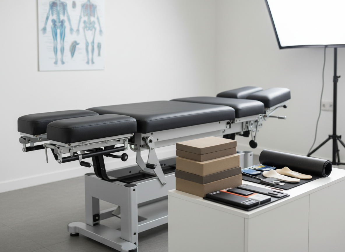 A pristine chiropractic adjustment table with dark charcoal, slightly textured upholstery and polished metal accents stands in the center of a bright clinical room. At the foot end of the table, a neatly aligned series of podiatry tools—orthotic casting foam boxes, a digital gait analysis sensor mat, and a set of sample insoles with varying densities—are arranged on a low white side cabinet. Soft studio-style lighting from above and slightly to the right creates even illumination, highlighting surfaces without harsh glare. The background shows a blurred wall chart of the musculoskeletal system in cool tones. The composition uses a wide-angle, eye-level perspective with moderate depth of field, conveying a calm, precise, and professional atmosphere that reflects dual chiropractic and podiatry services.