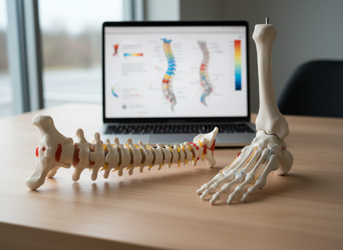 A detailed close-up of a realistic human spine model resting on a smooth, pale wood desk beside a podiatry foot skeleton model with clearly defined arches, joints, and tendons. A sleek laptop screen in the background displays a color-coded diagram of spinal alignment and lower limb biomechanics, softly blurred by shallow depth of field. Natural overcast window light washes across the scene from the left, creating gentle highlights on the ivory plastic bones and subtle shadows beneath them. The mood is highly professional, educational, and reassuring, emphasizing precision and expertise. Photographic realism with a clean, modern medical aesthetic, shot from a slightly elevated angle to emphasize the relationship between spine and foot, ideal for illustrating integrated chiropractic and podiatry care.