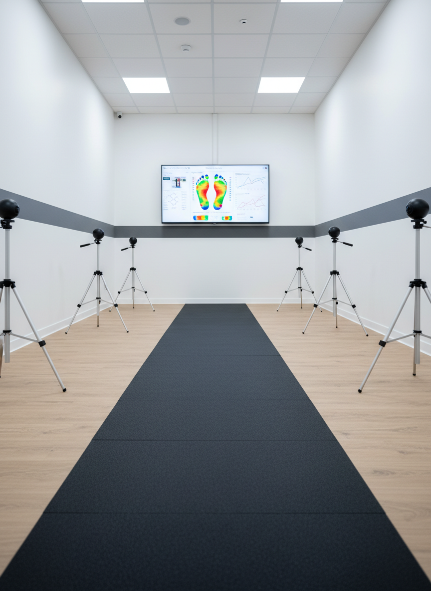 A dynamic overhead photographic view of a professional gait analysis setup in a modern clinic: a long, matte-black pressure-sensing walkway runs across a pale wooden floor, flanked by slim tripods holding compact motion-capture cameras. At one end, a large, wall-mounted monitor displays colorful footprint pressure maps and stride graphs against a clean white interface. Cool, even LED ceiling lights bathe the area in consistent, shadow-free illumination, creating a high-tech, analytical mood. Minimalist white walls and a subtle gray accent stripe keep the environment uncluttered and focused. The composition emphasizes strong linear perspective along the walkway, drawing the eye toward the monitor, with crisp photographic realism that highlights advanced foot biomechanics assessment.